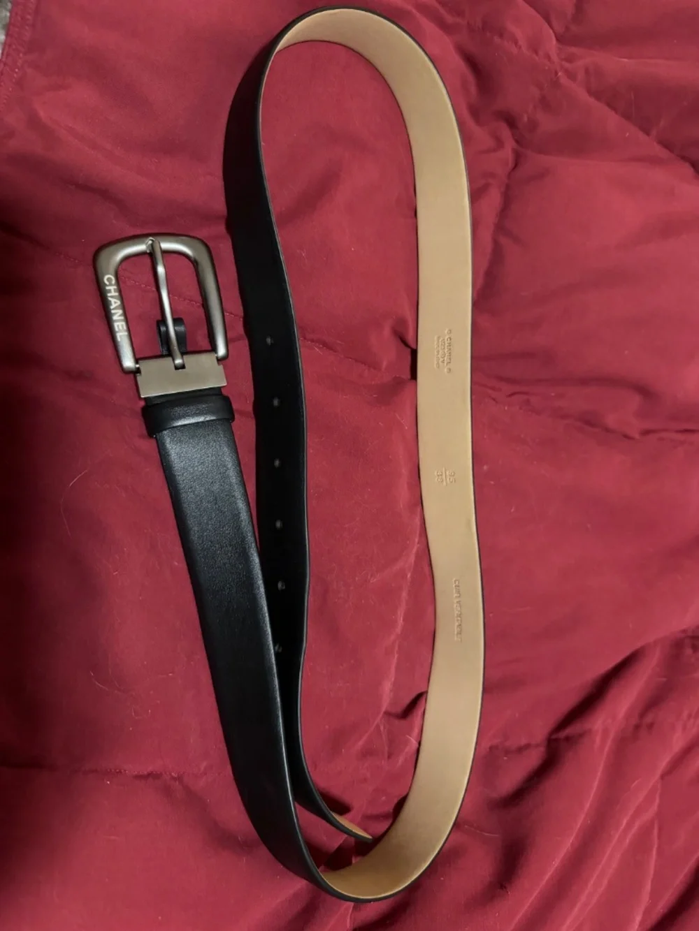 Chanel Belt 95/38 black calf leather with brushed silver buckle. $300 firm.